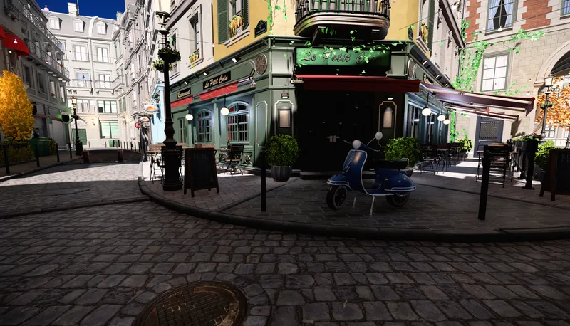 A sunny bistro street corner with a green café front and a parked scooter