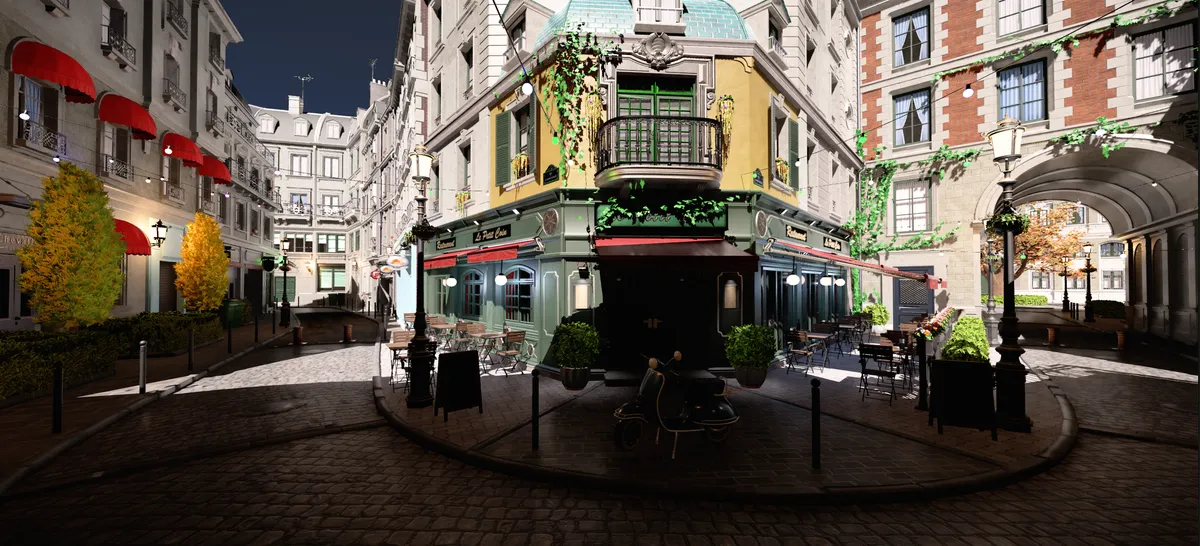 A Parisian bistro street at night with string lights and a scooter outside the café, rendered in Plasma Engine