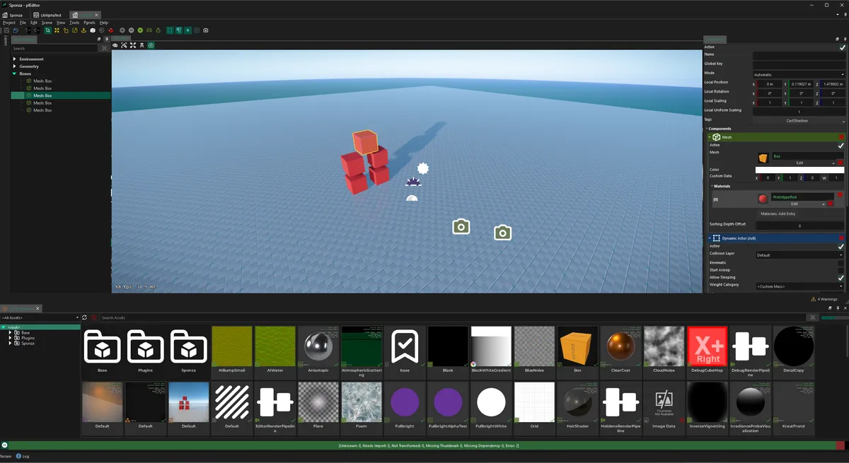 The Plasma editor showing a 3D viewport with stacked red boxes, a scene tree, a properties panel and an asset browser