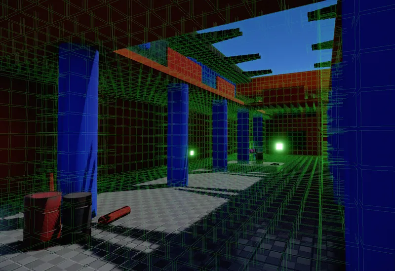 3D navigation data shown as a green grid filling a courtyard with blue pillars