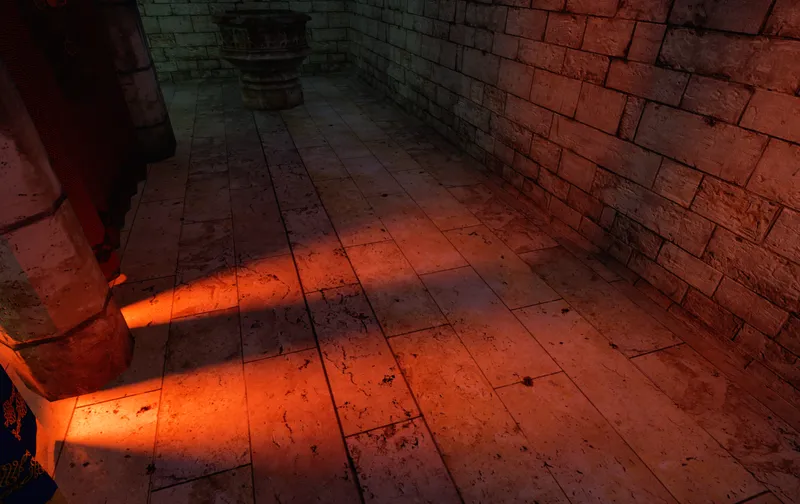 Red light casting long column shadows across cracked stone tiles