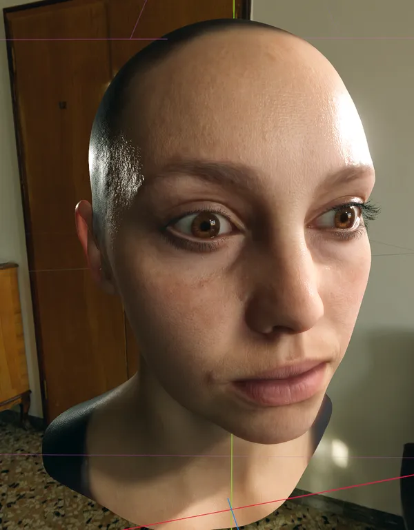 Close-up of a realistic human head with detailed skin pores and brown eyes
