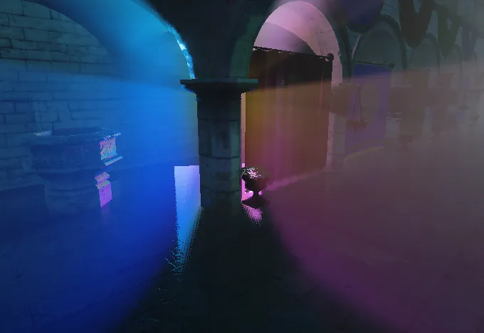 A textured area light casting blue and magenta volumetric light through haze between stone arches