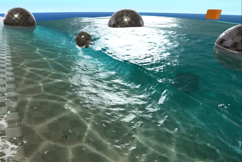 Metal spheres floating and bobbing in clear rippling water